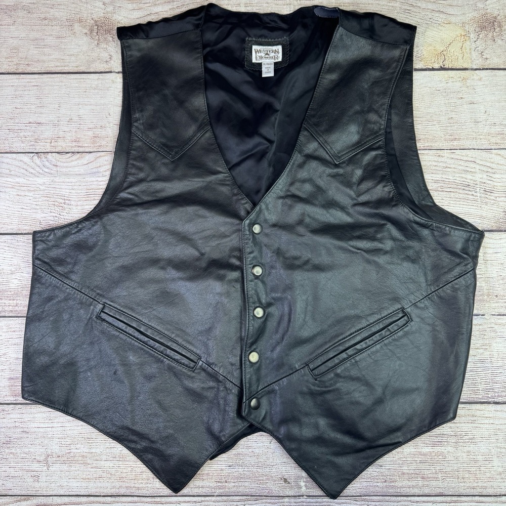 Western Frontier Genuine Leather Men's Sz XL Black Vest Biker Cowboy Patched